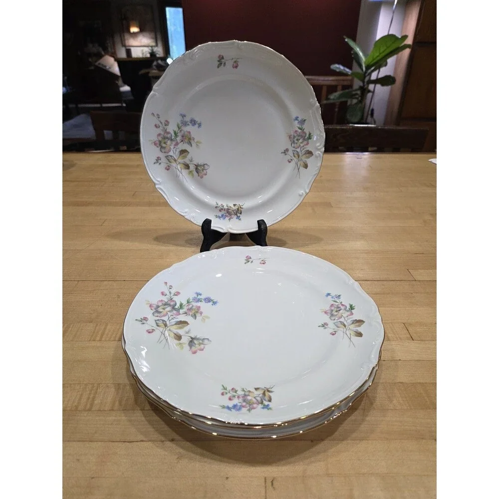 Vintage Elegant Pink Rose Blue Forget Me Not Dinner Plates Set of 4 Japan